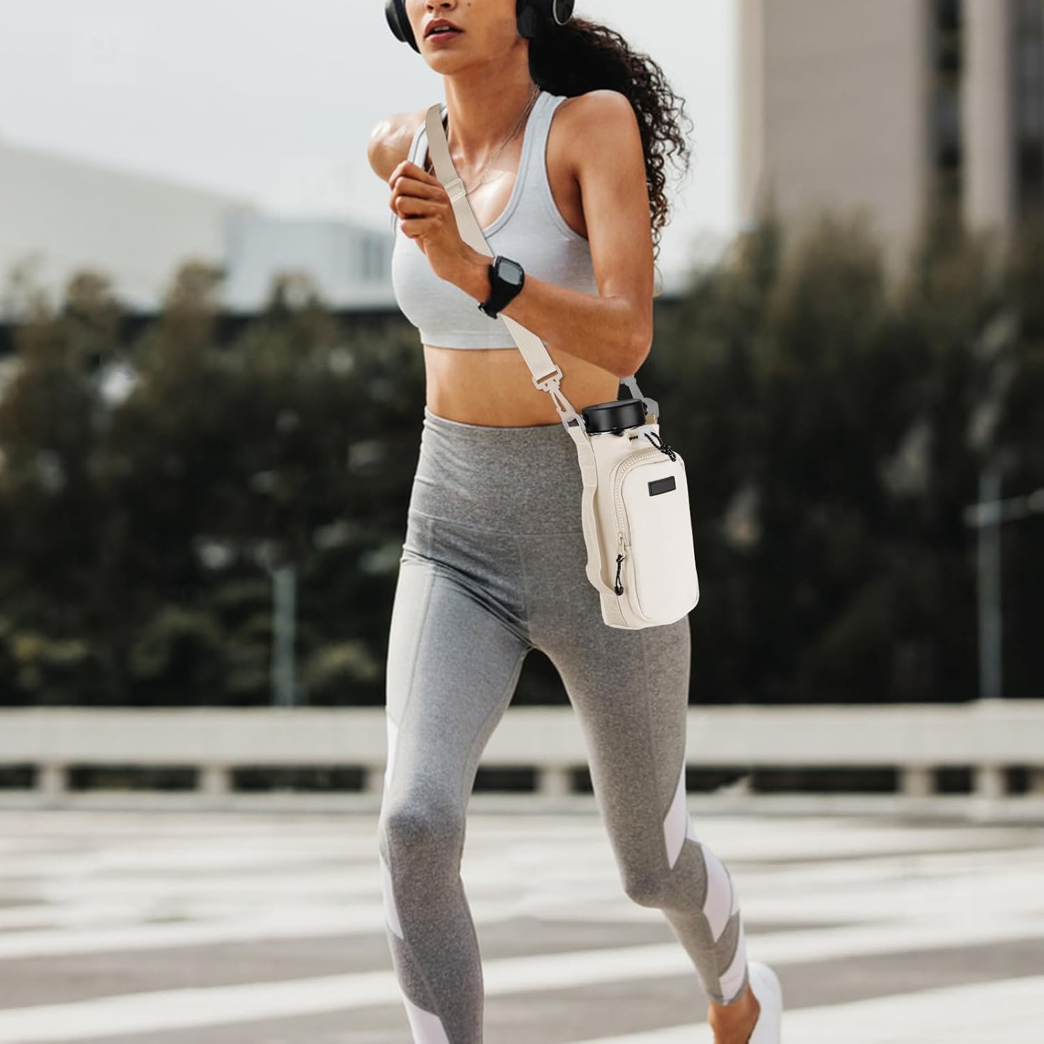 Linkidea Water Bottle Carrier with Strap Compatible with YETI Rambler Bottle 18oz/26oz, Owala FreeSip 24oz/32oz, Waterbottle Sling Bag Holder, Shoulder Strap with Phone Pocket (Beige) - Image 5