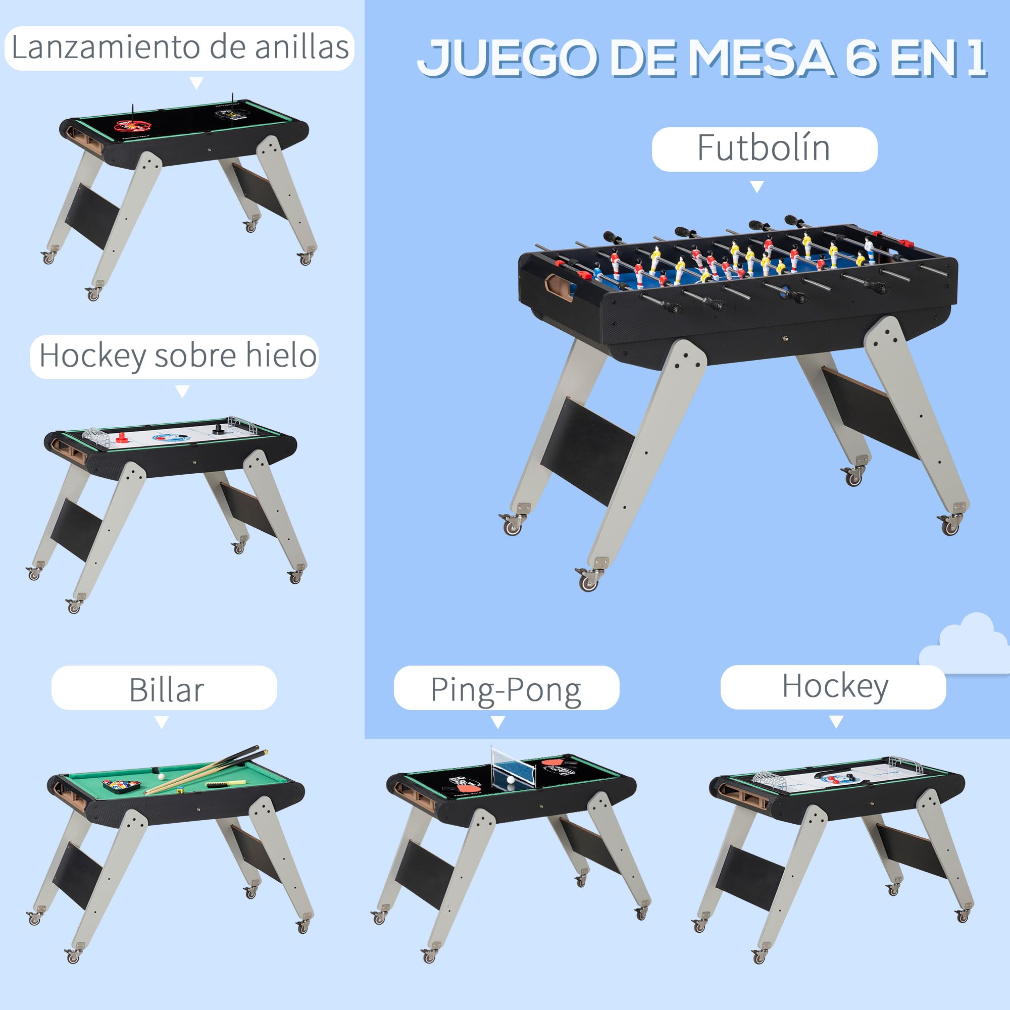HOMCOM 6 en 1 Mesa Multijuegos para Niños de 7+ Años con Ruedas Mesa de Billar Ping Pong Futbolín Aro de Lanzamiento Hockey sobre Hielo Aire Hockey para Hogar Familia 120x88x79 cm Negro y Gris
