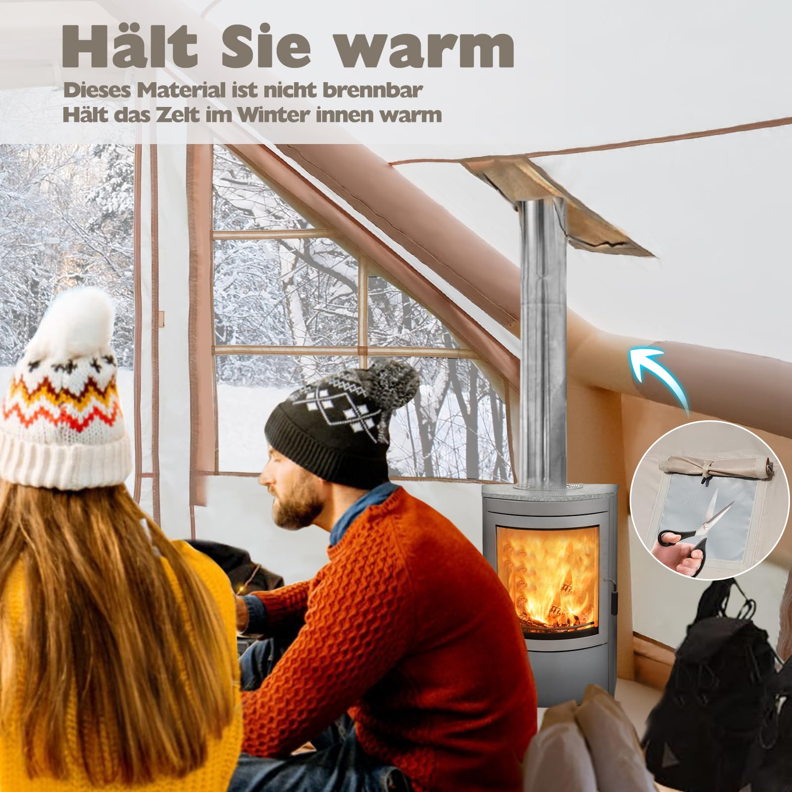 Tienda de campaña hinchable con bomba, 420D Oxford Glamping, tienda inflable para camping con chimenea y claraboya, 4 temporadas, ventana de malla, puertas para 4-6