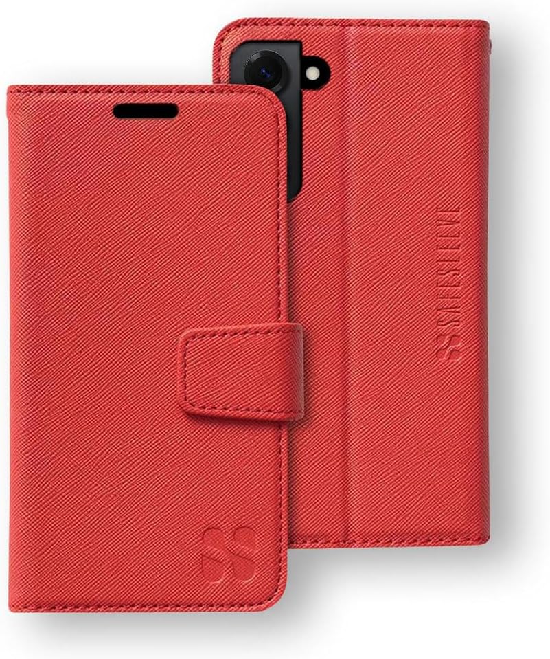 SafeSleeve Wallet Case for Samsung Galaxy S25 Plus – Stylish Vegan Leather Folio with Card Slots, Adjustable Stand, and Slim Protective Design for Daily Use (Red)