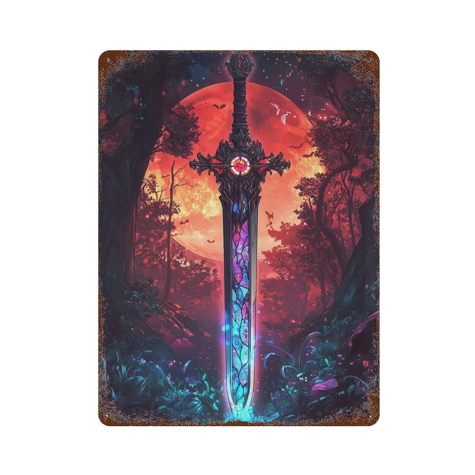 Garage Style Stained Glass Sword Aged Metal Wall Plaque 15.7"x11.8", Farmhouse Wall Decor for Bar And Workshop