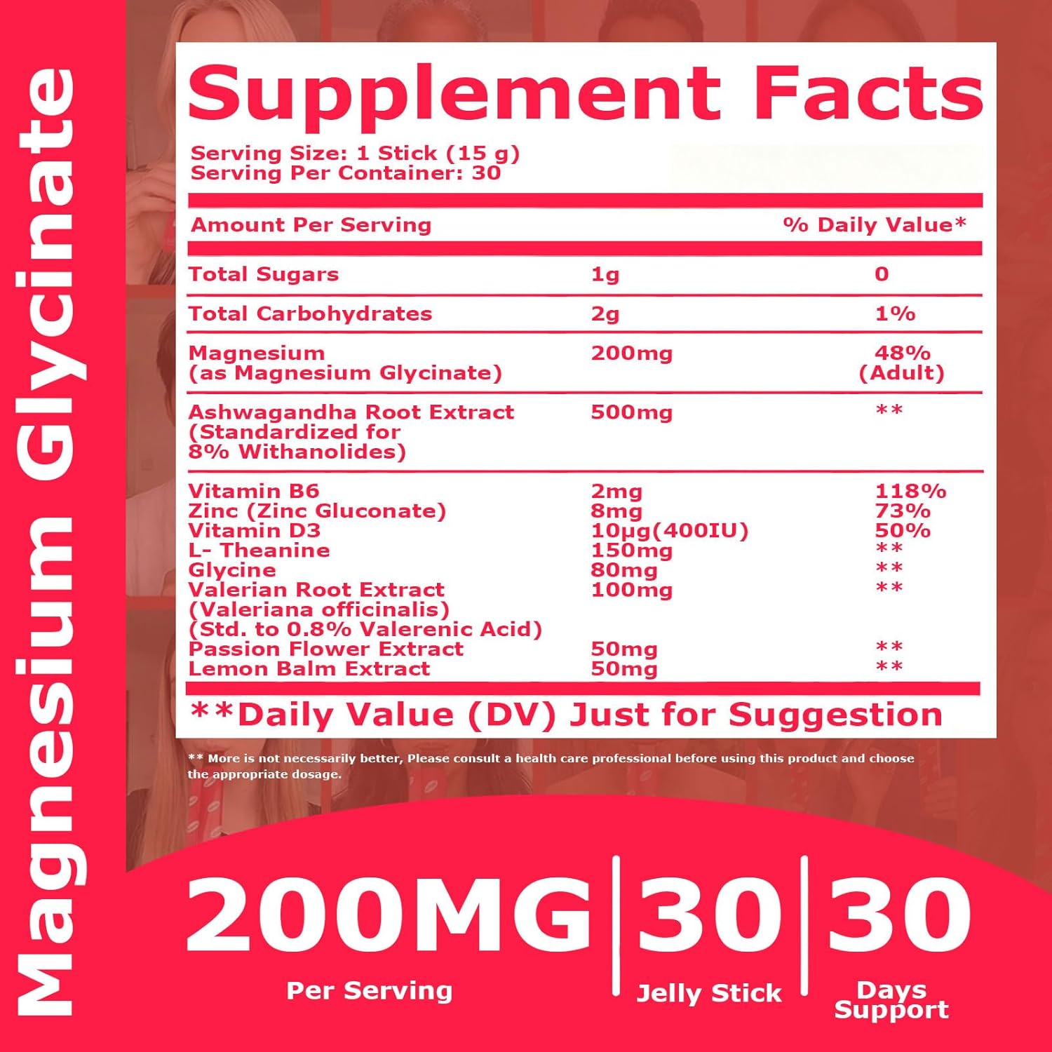 Magnesium Glycinate 200mg, High Absorption 10-in-1 Magnesium Complex for Women & Men, Jelly Stick Tape Chewable Magnesium Supplement for Sleep Aid, Muscle, Stress Relief & Heart Health, 30 Servings