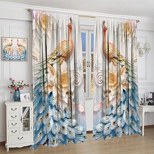 Miniatura 240 de Cortina opaca con estampado de pavo real, con estampado de animales retro, con bolsillo para cortinero y flores de peonía doradas, para dormitorio,