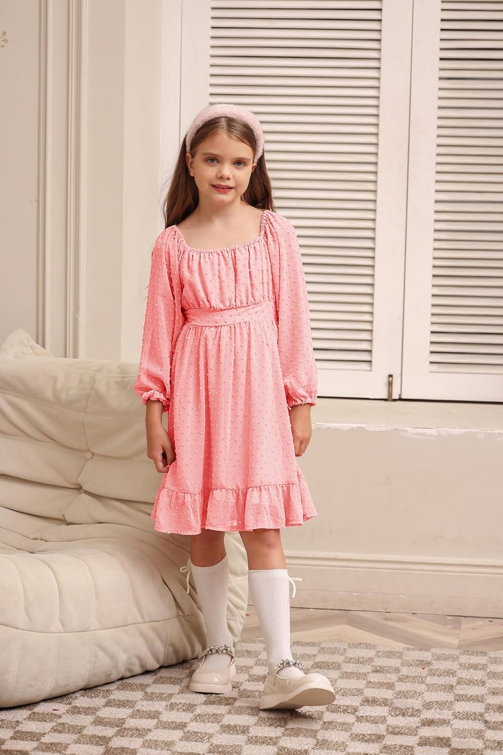 GRACE KARIN Girls Ruffle Tiered Dress Long Sleeve Swiss Dot Flowy A-Line Dress 6-14Y - Image 8