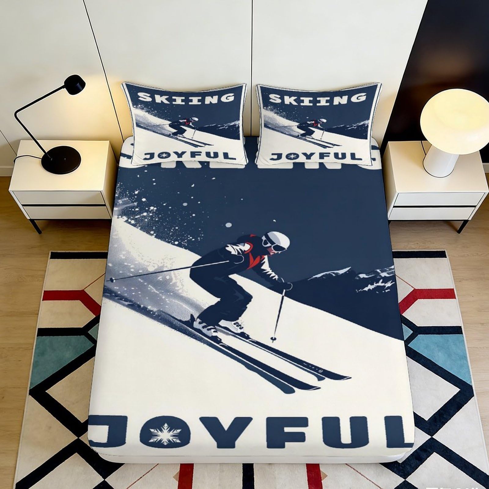 3D Printed Skiing Fitted Sheet Microfiber Soft Breathable Joyful Bed Cover for Bedroom Dormitory Guest Room Mattress Protection Snow Sports Decor 90x200x25cm