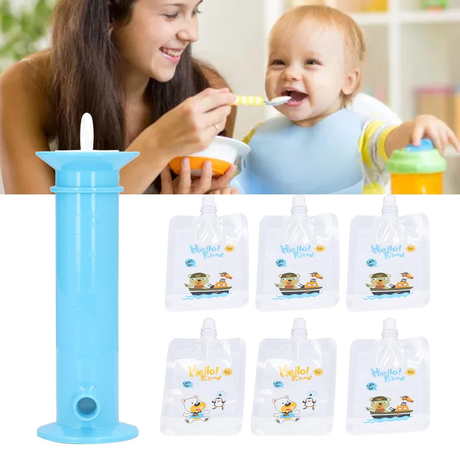 Baby Food Maker Fruit Squeezer Puree Filler Reusable Pure Color Pouches Safe BPA Pouch Filling with 6 Pouches for Homemade Semi Solid Food for Babies Infants Toddlers (Blue)