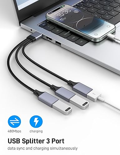 Miniatura 2 de Divisor USB Y 1 en 3 salidas, USB macho a 3 hembras Cable para PC, tableta, portátil, MacBook, teclado, PS4, PS5, mouse, FlashDrive, LED, etc.