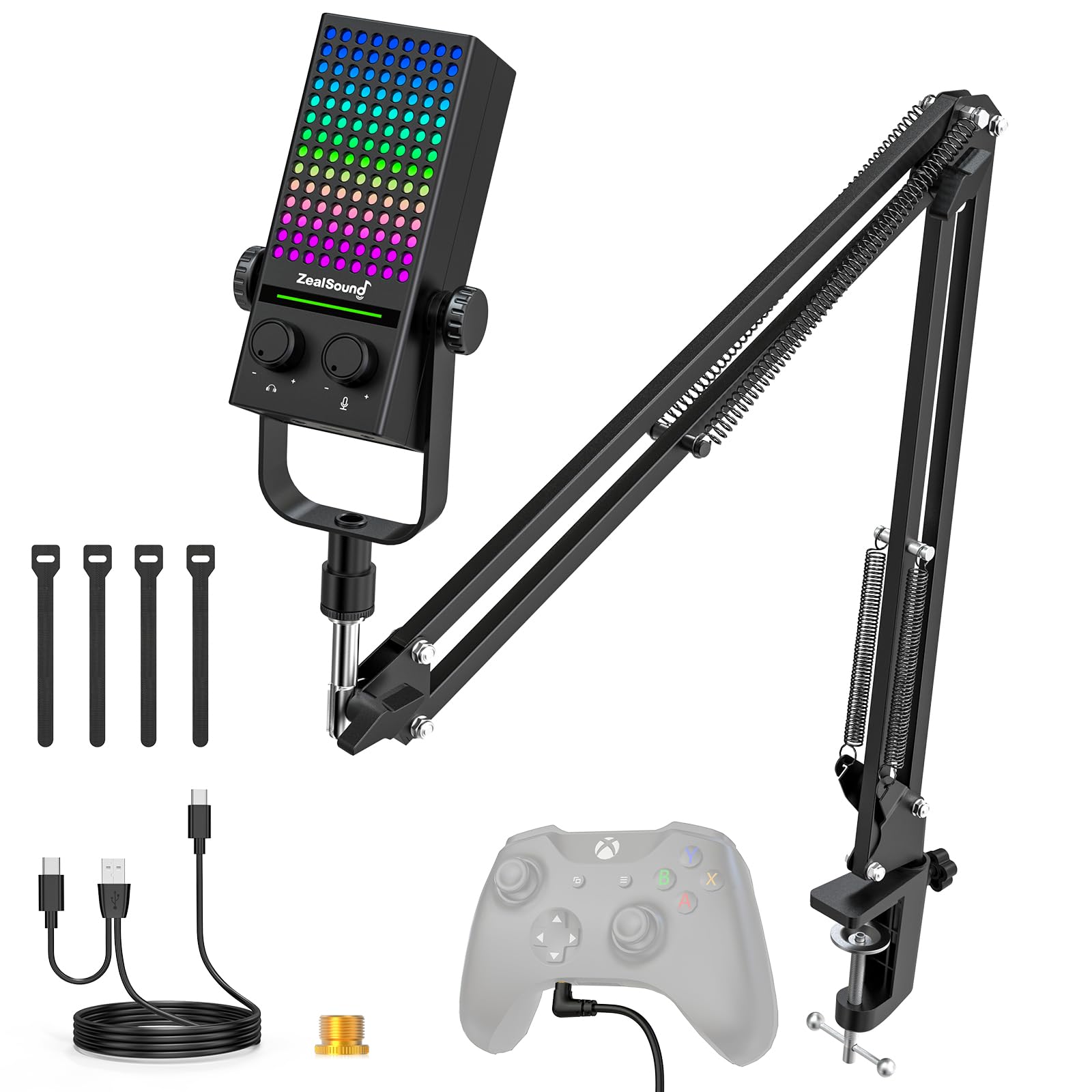 zealsound Xbox Gaming Mikrofon mit Arm, USB Mikrofon für PC, Handy, & PS5 | Rauschunterdrückendes, Mute, Gain-Control, Echtzeit-Monitoring und RGB-Beleuchtung, Plug & Play für Streaming, Podcast, Zoom