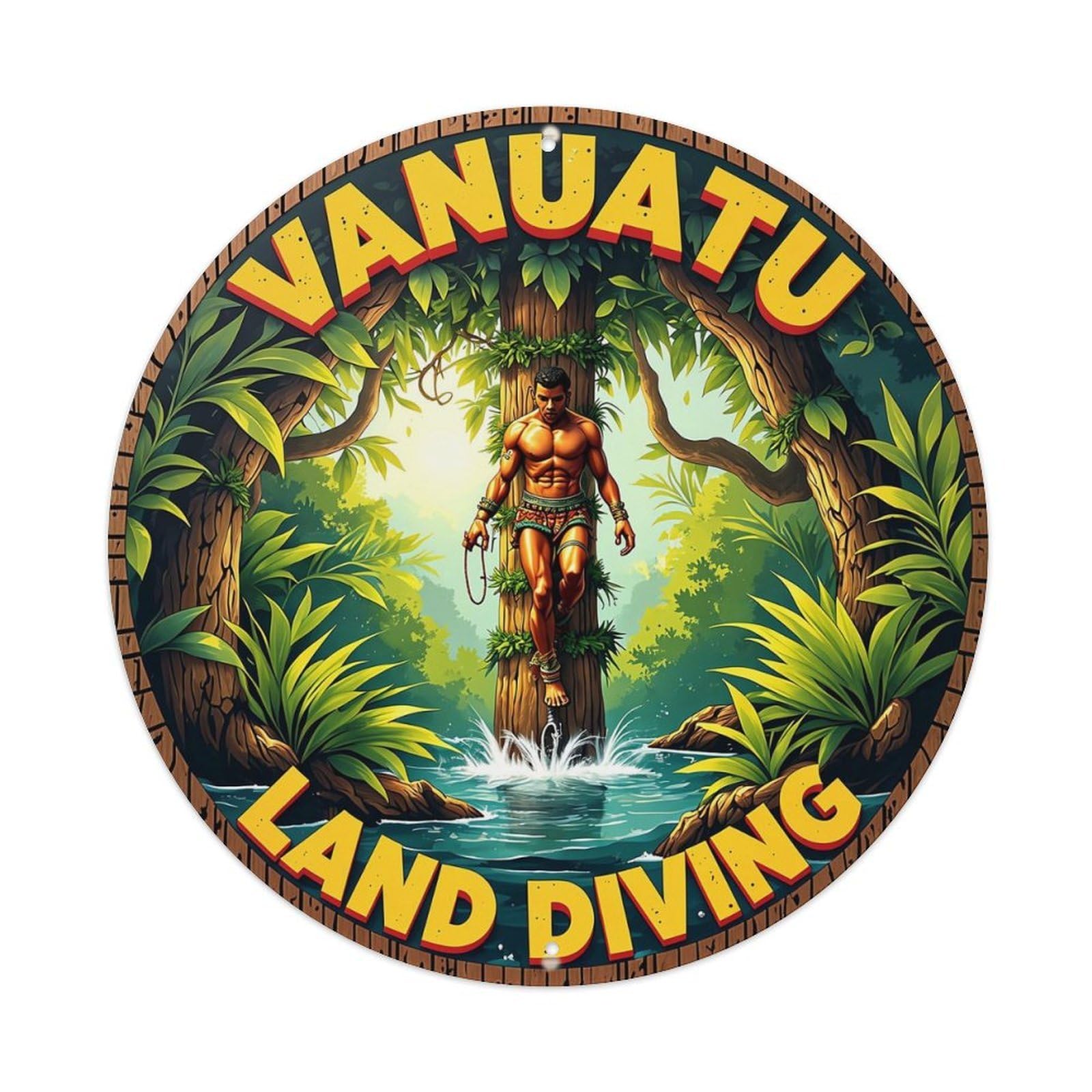 Vanuatu Land Diving Jungle Man Retro Metal Sign Round Tin Sign, Vintage Decor Art Poster for Bar, Home, Man Cave, Kitchen, Laundry Room Gift 8x8Inch