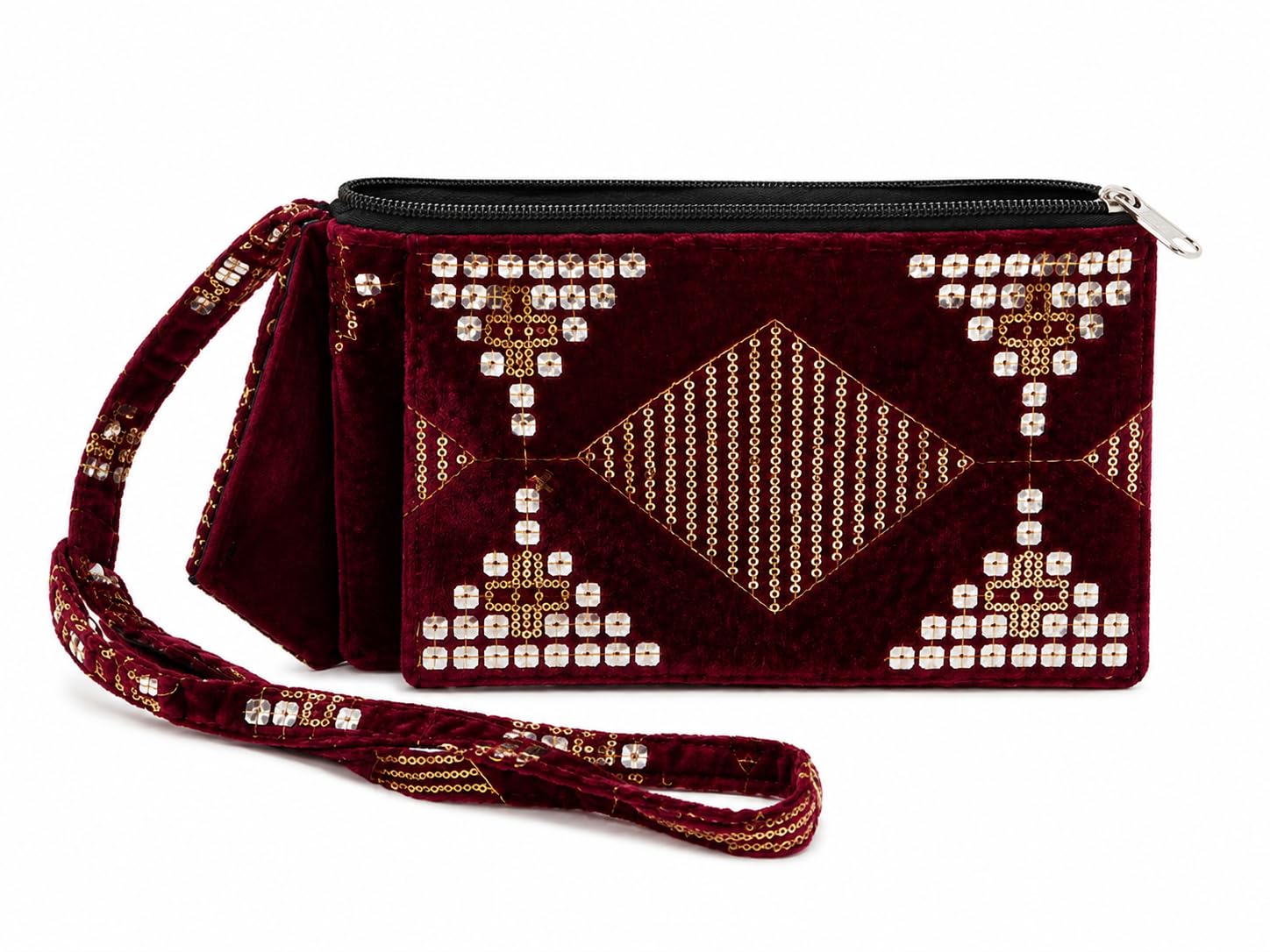 Women's Maroon Velvet Embroidered Mobile Sling Bag | Double Zip Multipurpose Wrist Pouch | Travel Wallet, Phone & Cash Organizer-image-47
