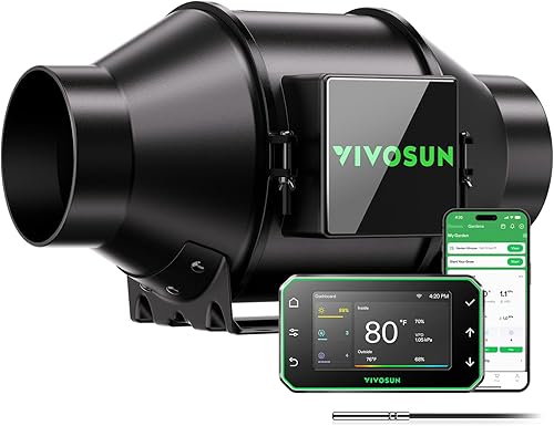 VIVOSUN Ventilador de conducto en línea G4 de 4 pulgadas y controlador de humedad de temperatura, control de aplicación WiFi E42A, ventilador de
