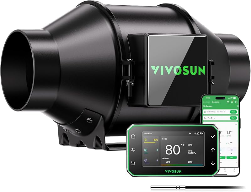 VIVOSUN G4 4" 195 CFM ventilador en línea y controlador inteligente, Aerozesh para IndoorGrow | E42A+ WiFi-App controlador de entorno, ventilador de tienda de cultivo y sensor de humedad de temperatura, motor EC, refrigeración de calefacción, invernadero