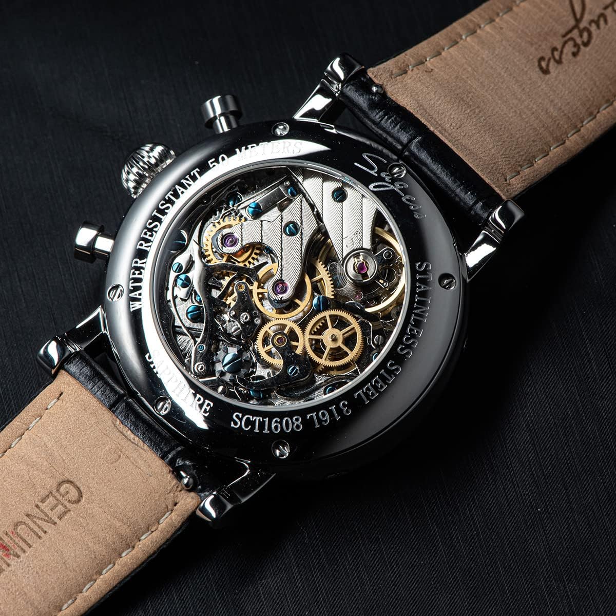 NC Sugess Mechanical Men Watch Seagull Movement ST1908 Chronograph Vintage Moonphase Wrist Watch Genuine Leather Band Waterproof 50ATM