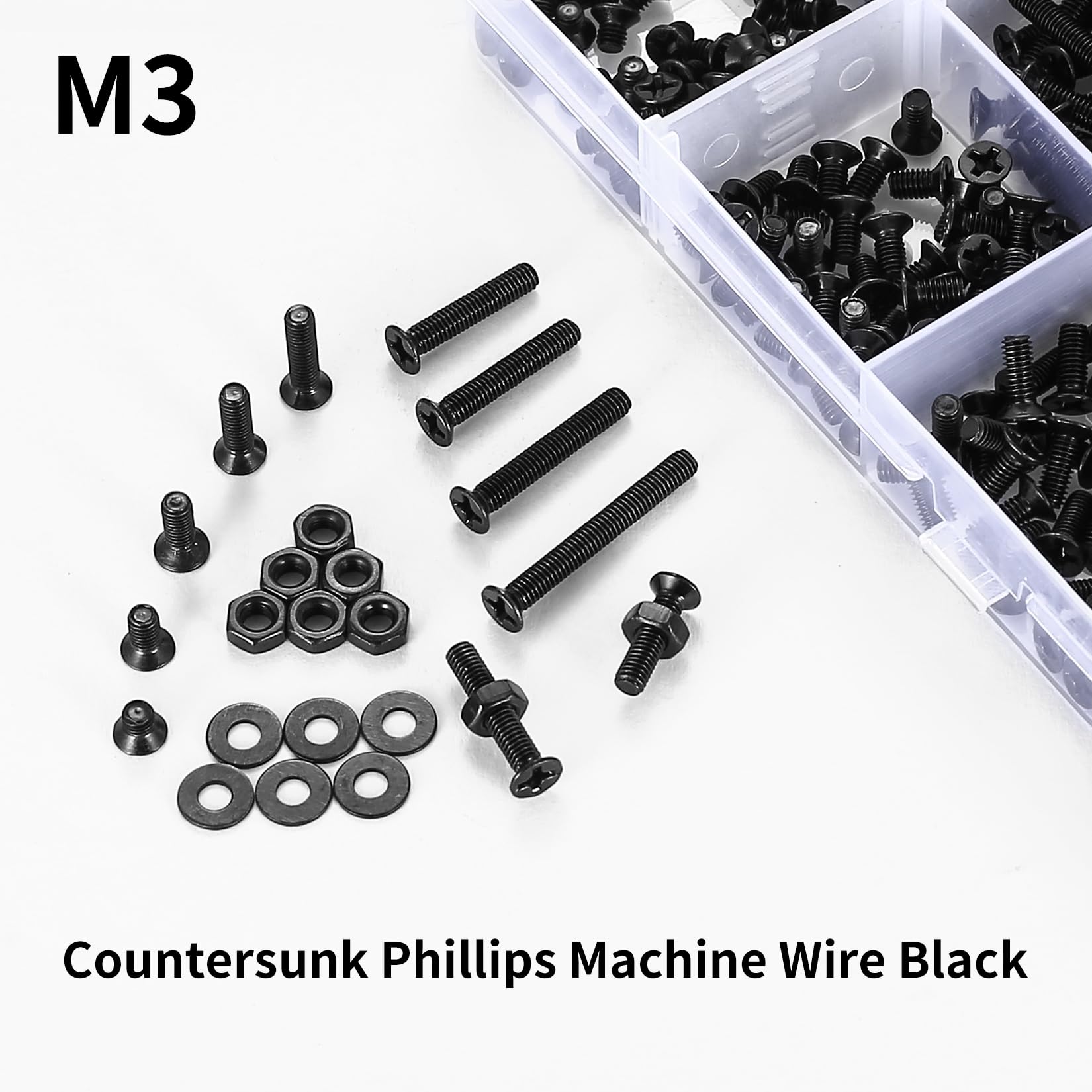 1110 Pcs M3 Screws Set, Countersunk Bolts and Nuts, Flat Head Machine Screw Nut and Bolt with Washers Set - Image 4