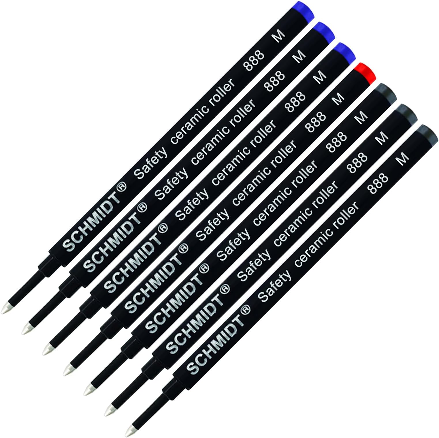 Schmidt 888 M Safety Ceramic Rollerball Refill - Black(3), Blue(3), Red(1) Ink (Medium Tip 0.7mm) - Pack of 7