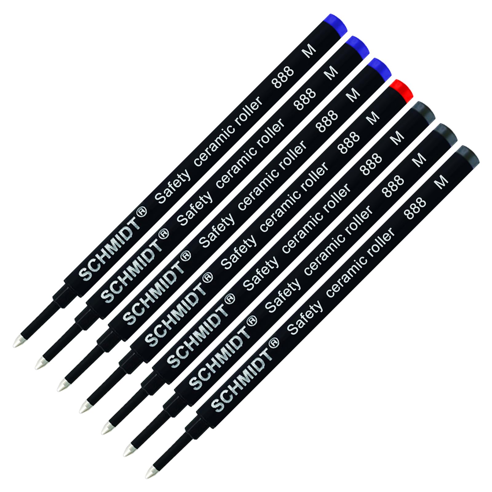 Schmidt 888 M Safety Ceramic Rollerball Refill - Black(3), Blue(3), Red(1) Ink (Medium Tip 0.7mm) - Pack of 7
