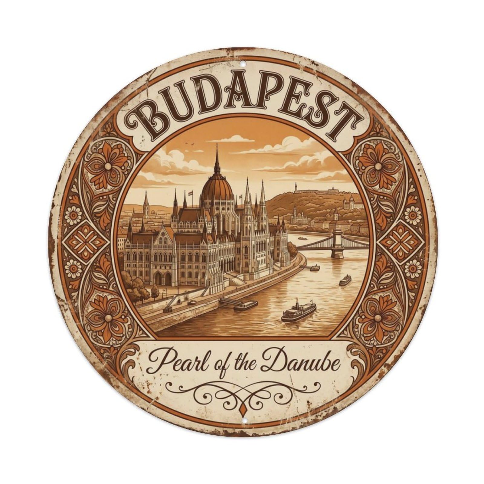 Vintage Travel Parliament Budapest Danube Metal Tin Sign Plaque Wall Decor for Cafe, Club Bar, Office, Home Garden Round Metal Poster 8x8Inch