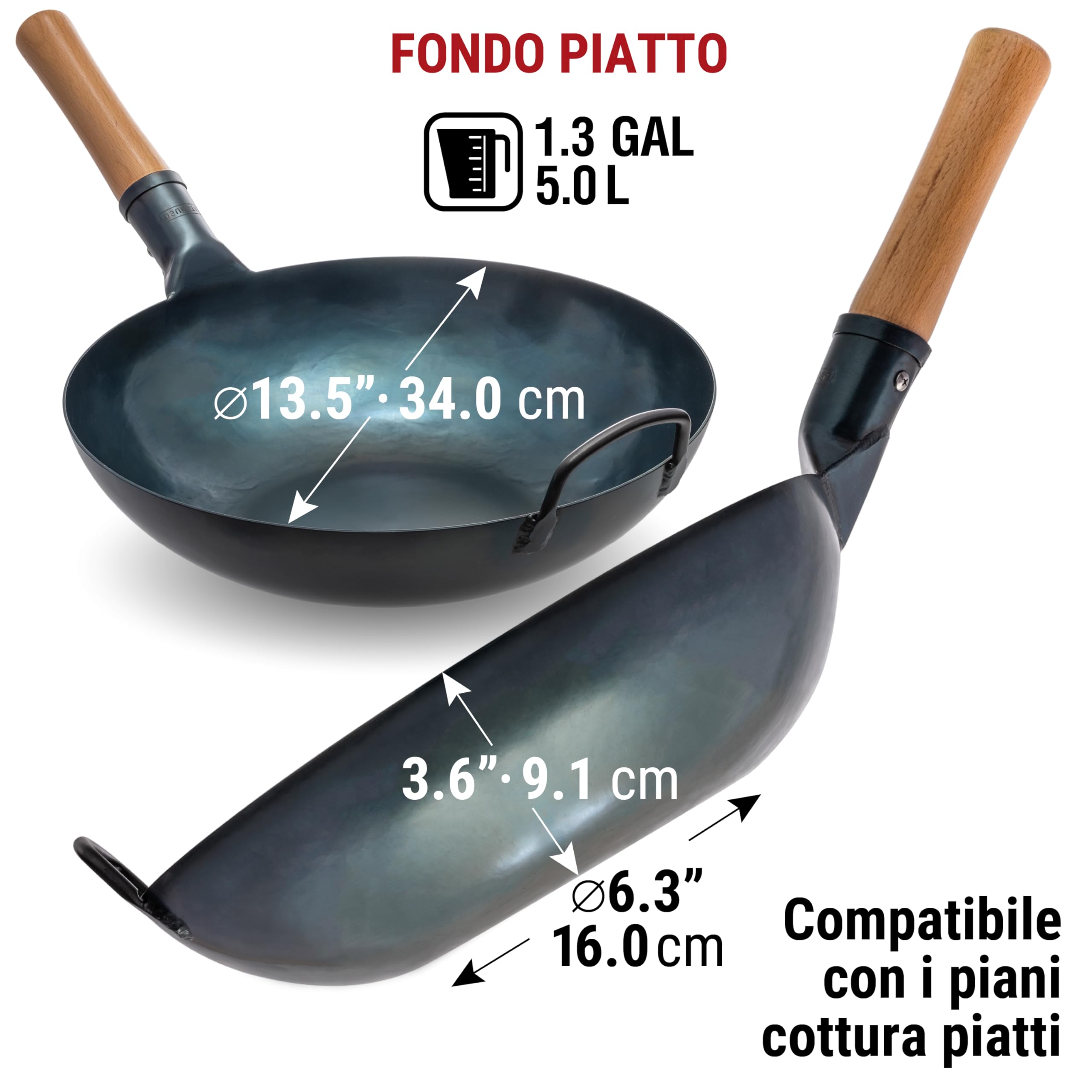 YOSUKATA Wok Padella Professionale 34 cm - Tradizionale Wok Acciaio al Carbonio Blu Fondo Piatto Precondizionato - Cinese Originale Padella - Adatto a Gas Induzione Elettrico Сeramica e Fuoco Aperto