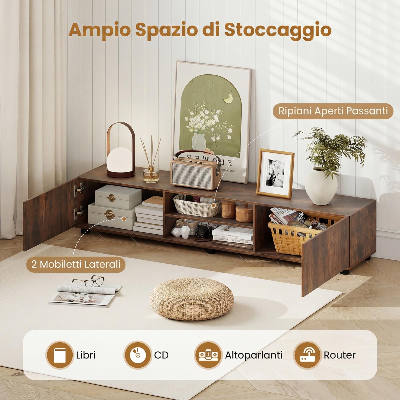 COSTWAY Mobile Porta TV Fino a 70", Supporto TV con 2 Mobiletti, 2 Ripiani Aperti e 6 Gambe di Sostegno, Tavolo Consolle per Televisore per Soggiorno e Camera da Letto, 160 x 35 x 30 cm (Marrone)