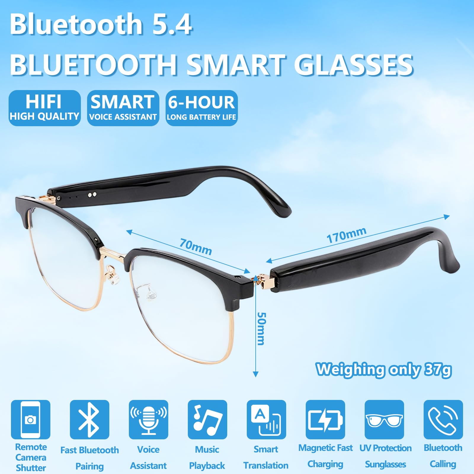 Gafas de sol inteligentes con Bluetooth AI, gafas de ciclismo con Bluetooth de oreja abierta, ligeras, manos libres, asistente de voz, traducción en tiempo real