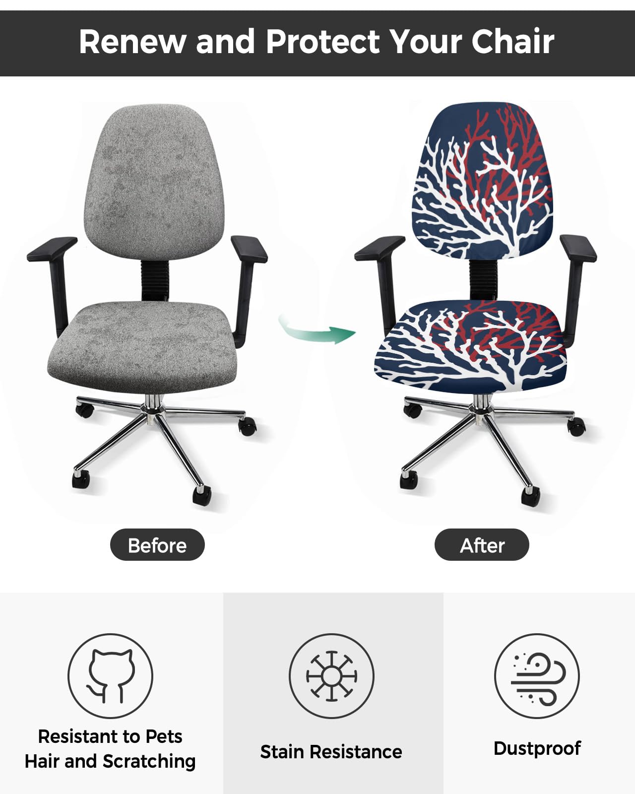 Red White Coral Office Chair Cover Stretchable Computer Chair Seat Cover Backrest Slipcovers, Summer Ocean Nautical Coastal Navy Blue Stretchable Rotating Desk Chair Seat Cushion Split Protectors