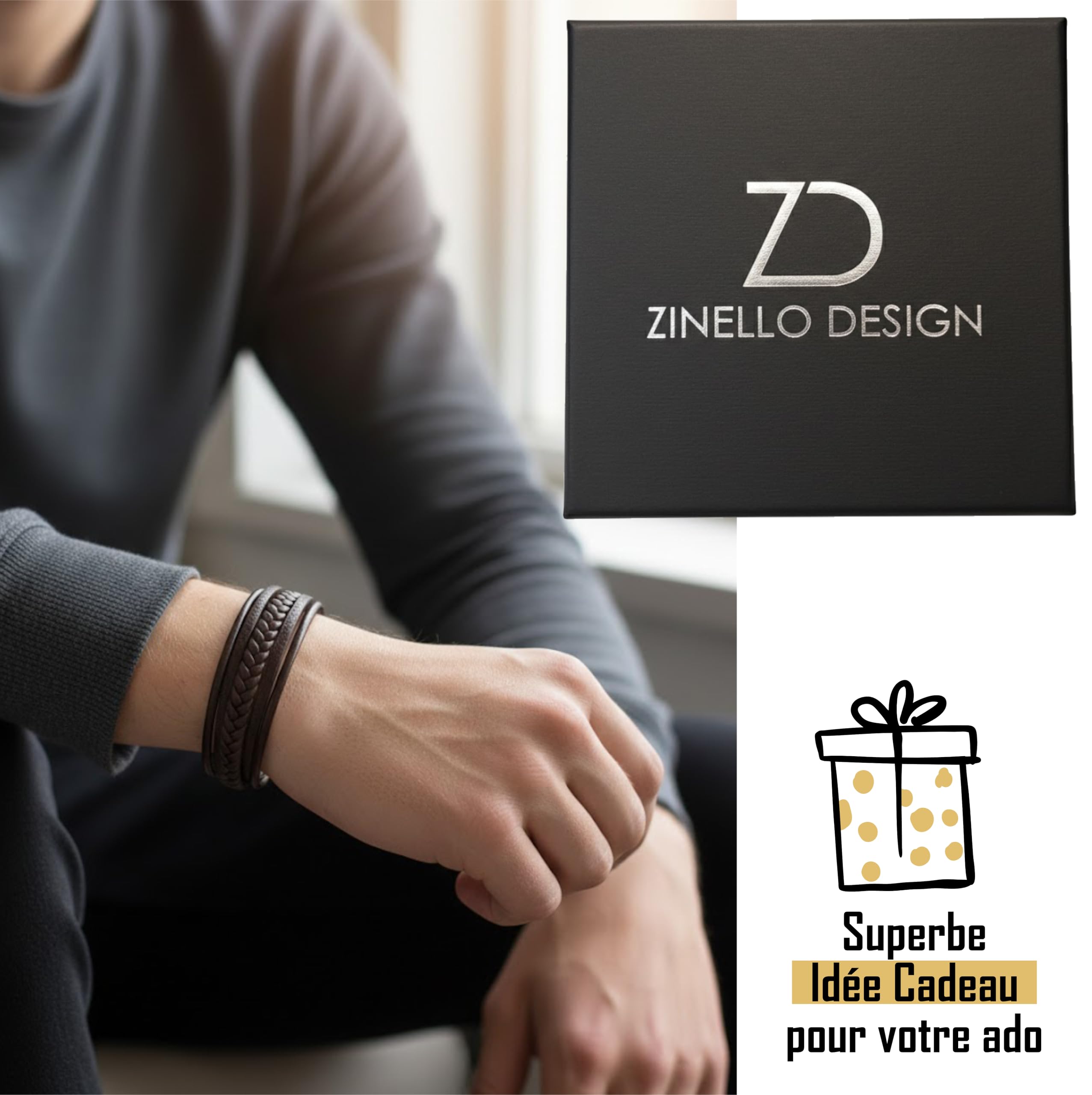 Bracelet en cuir pour ado garçon/jeune homme – Cuir véritable, fermoir aimanté acier inoxydable, taille ajustable 14 à 18,5 cm, coffret cadeau