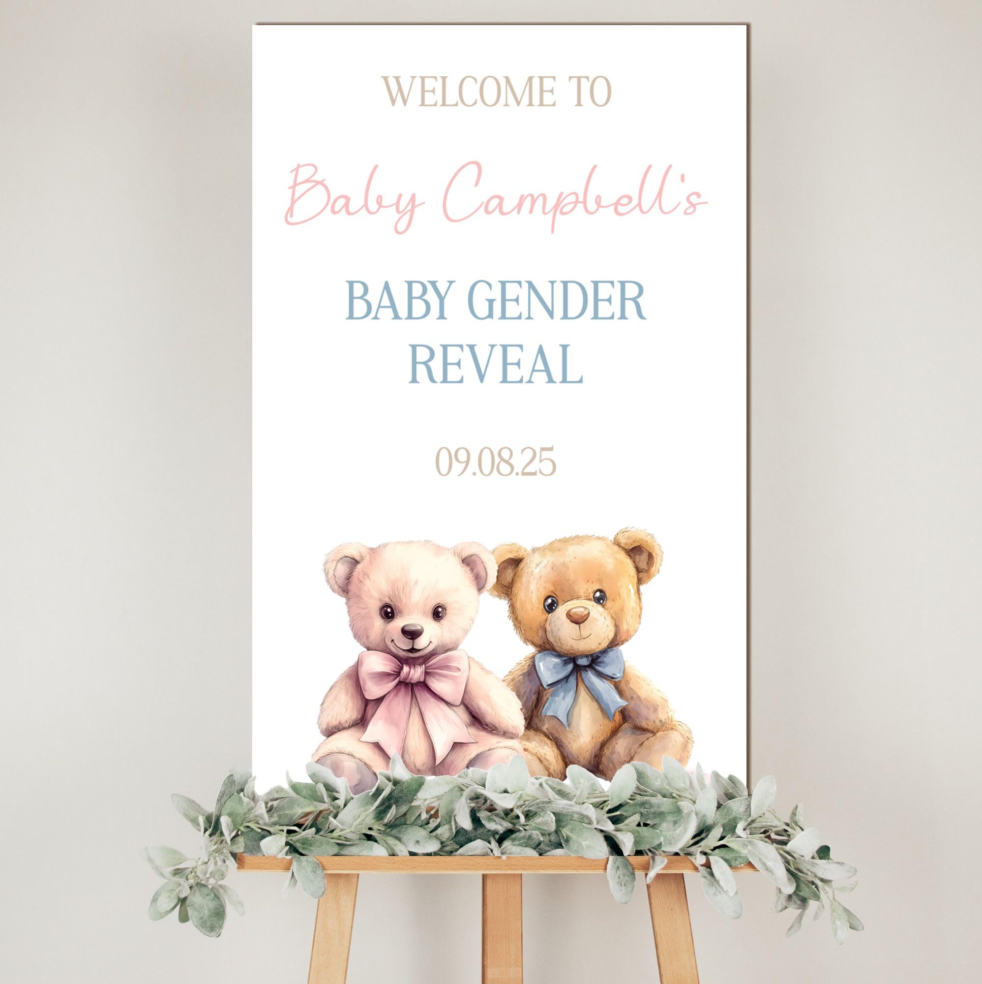 Personalised Baby Gender Reveal Welcome Party Board in Wood 11 Designs Elephants, Teddy Custom Name/s & Date Is It a Boy or Girl Reveal Party Sign (Vintage teddies)