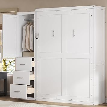 MERITLINE Full Murphy Bed with Storage Wardrobe and Drawers,Pine Wood Farmhouse Murphy Wall Bed Cabinet with Drawers for Bedroom Office Guest Room,Foldable Full/Wardrobe,White