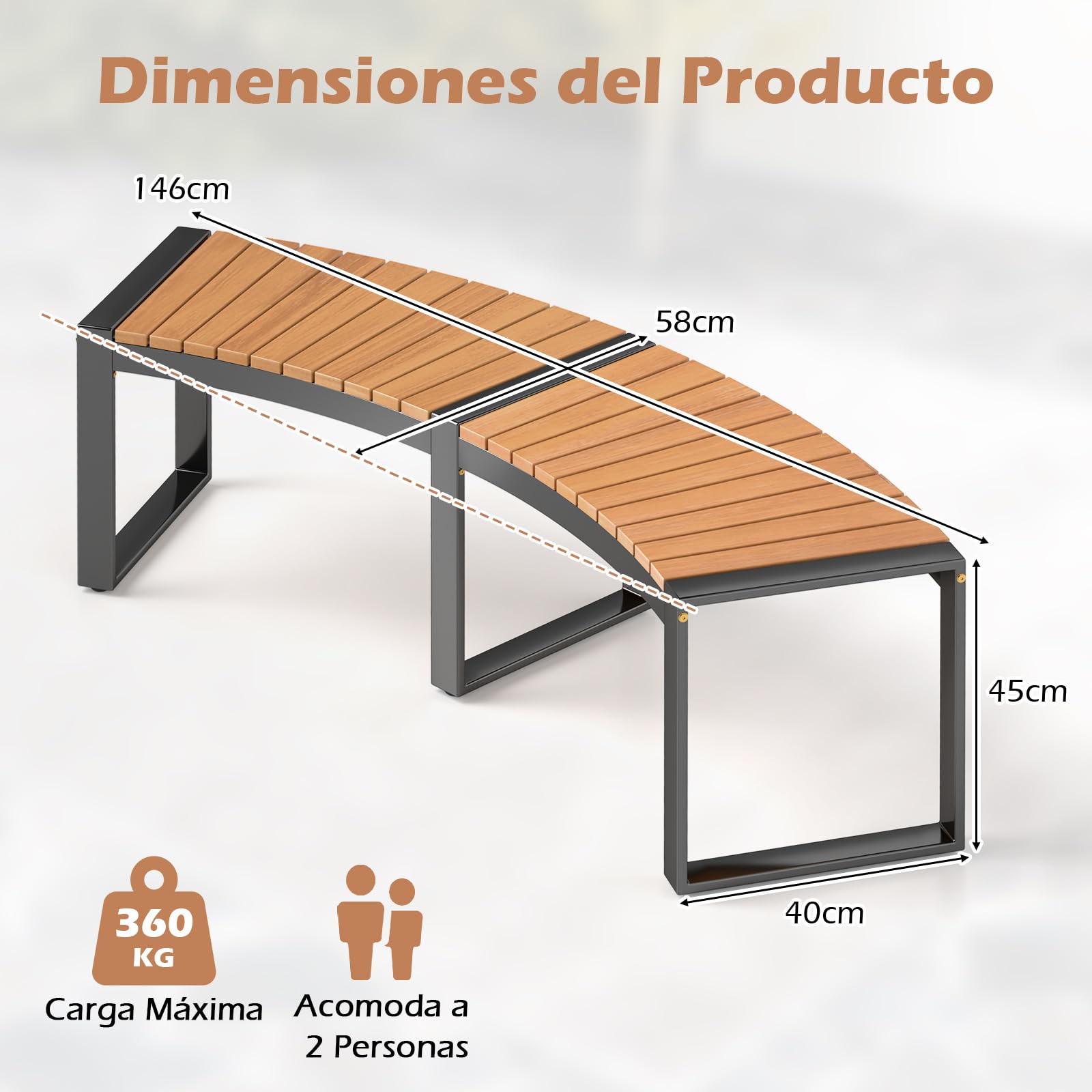 COSTWAY 2/4 Banco Jardin Exterior de Madera Acacia, Banco Exterior de 2 Plazas, Curvado, Sin Respaldo, Patas Metálicas, Carga 360 kg, 146 x 58 x 45 cm (2 plazas,2)