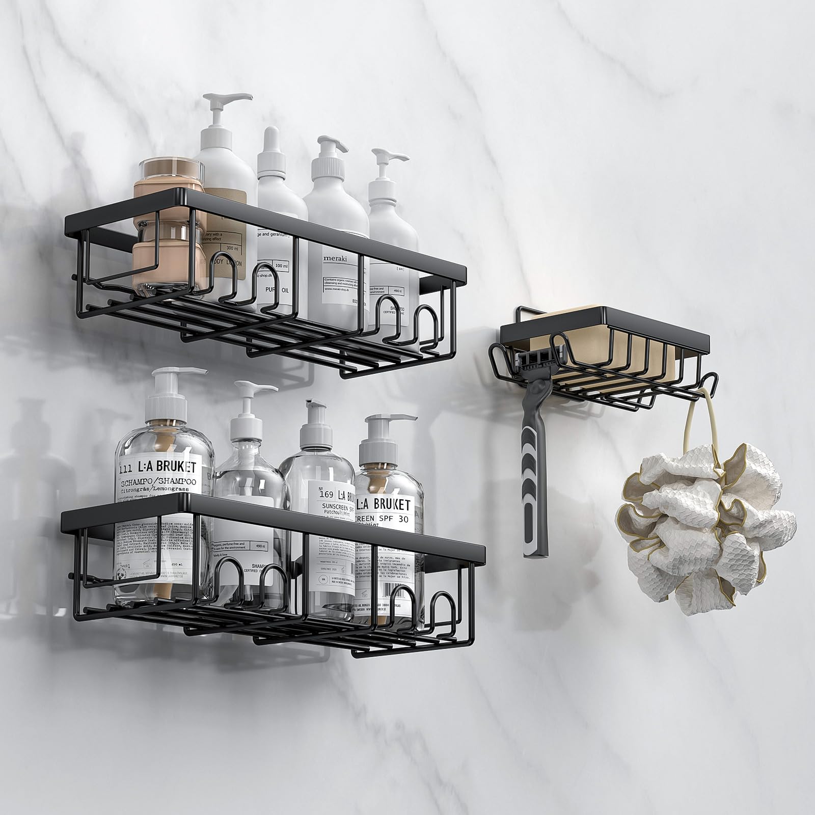 AceMining Shower Caddy 3 Pack Black Shower Storage Organiser with Hooks Adhesives Bathroom Caddy No Drill Bathroom Wall