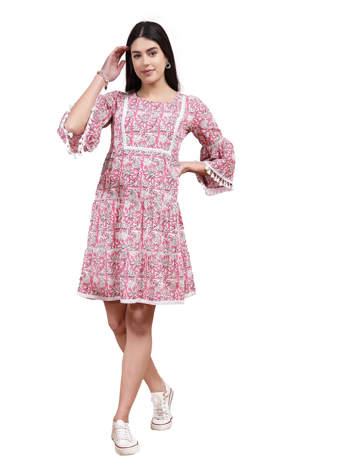 Stylum Women's Floral Printed Cotton Tiered A-Line Dress (Drsalpha40_Pink, L)