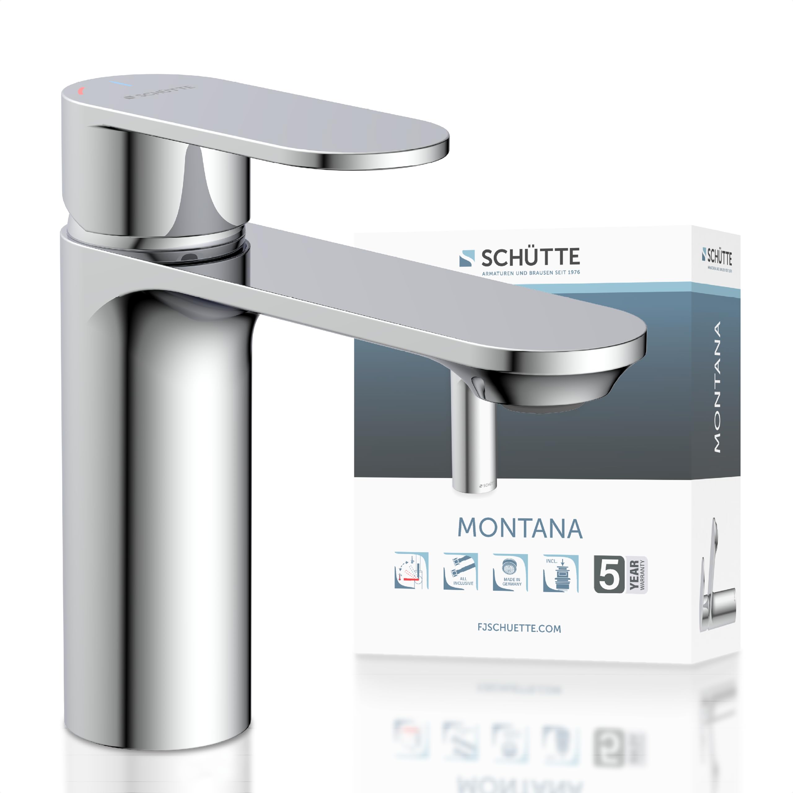SCHÜTTE MONTANA 32310 - Grifo monomando para baño con desagüe, grifo monomando para baño con tapón de desagüe desplegable, cromado