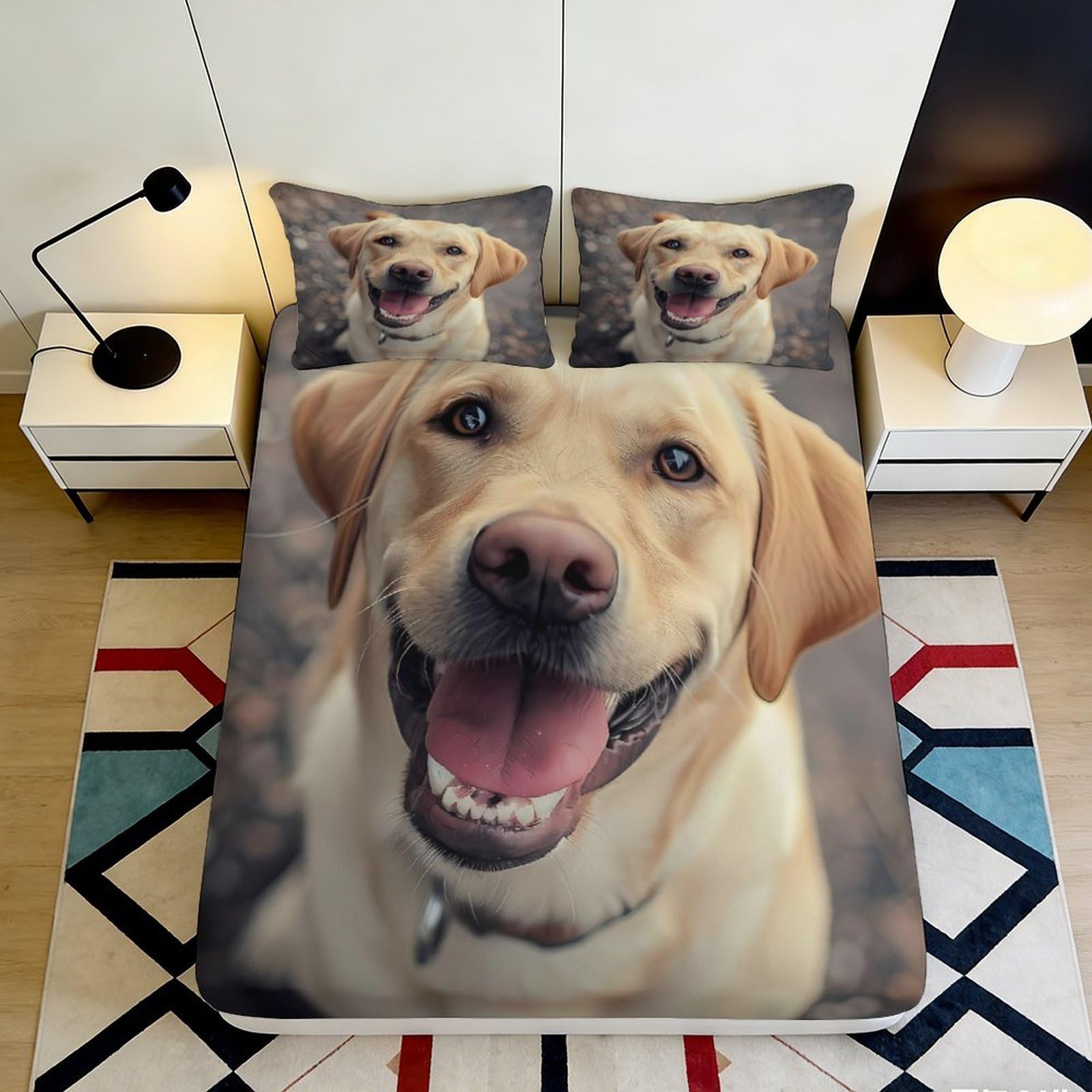 3D Printed Smiling Labrador Fitted Sheet Microfiber Soft Dog Face Bed Cover for Bedroom Guest Room Decor 90x200x25cm