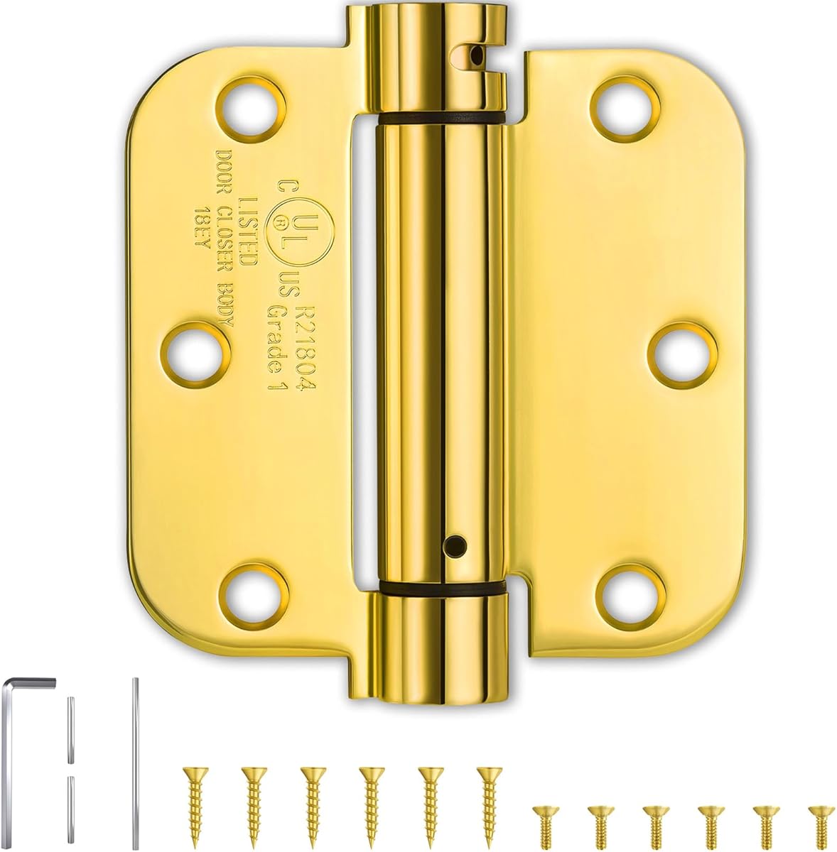 Self-Closing Spring Loaded Door Hinges 3.5 Inch - Adjustable Tension for Garage/Front/Back/Indoor Doors, UL Listed Left & Right Hand Hinge, 5/8'' Radius Corners, Polished Brass (1 Pack)