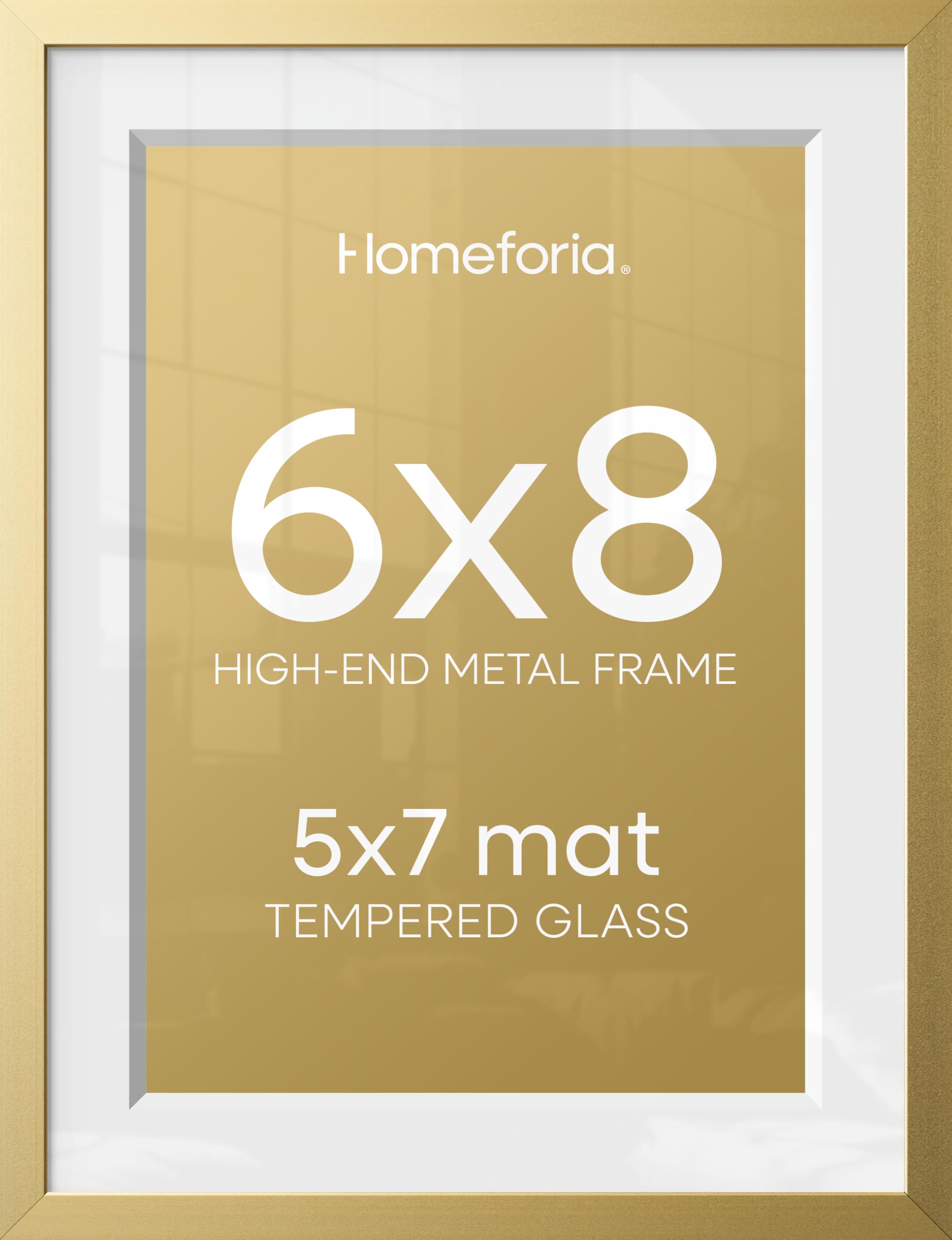 Homeforia 6x8 Gold Picture Frame, High-End Metal, 5x7 Mat, Glass | High End Aluminum, Tempered Glass, Acid-Free 5x7 Removable Mat, 6x8 in Edge-to-Edge Display 8x6, Wall Kit, Set Of 4