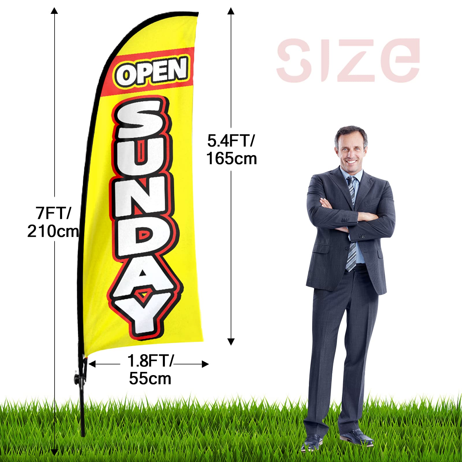 Drapeau Swooper sur le thème ouvert, bannière de drapeau publicitaire ouvert samedi pour vente en magasin (jaune)