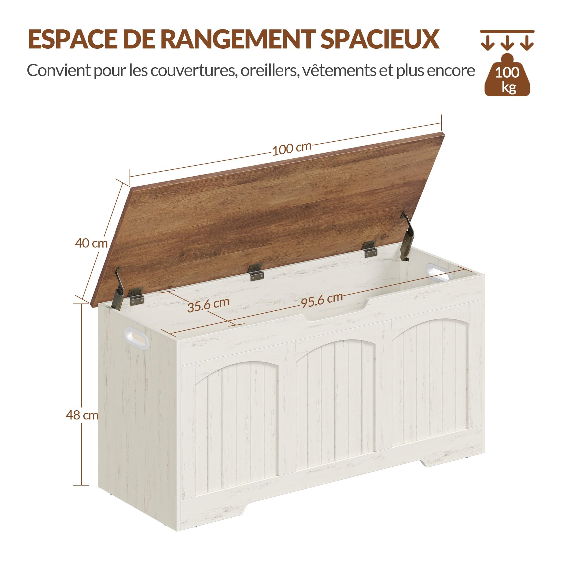 Banc Coffre de Rangement, 100 x 40 x 48 cm, Blanc et Marron | Charnières de Stabilité, Poignées Latérales Creuses, Pour Entrée, Chambre, Salon, FFXD103PWR1