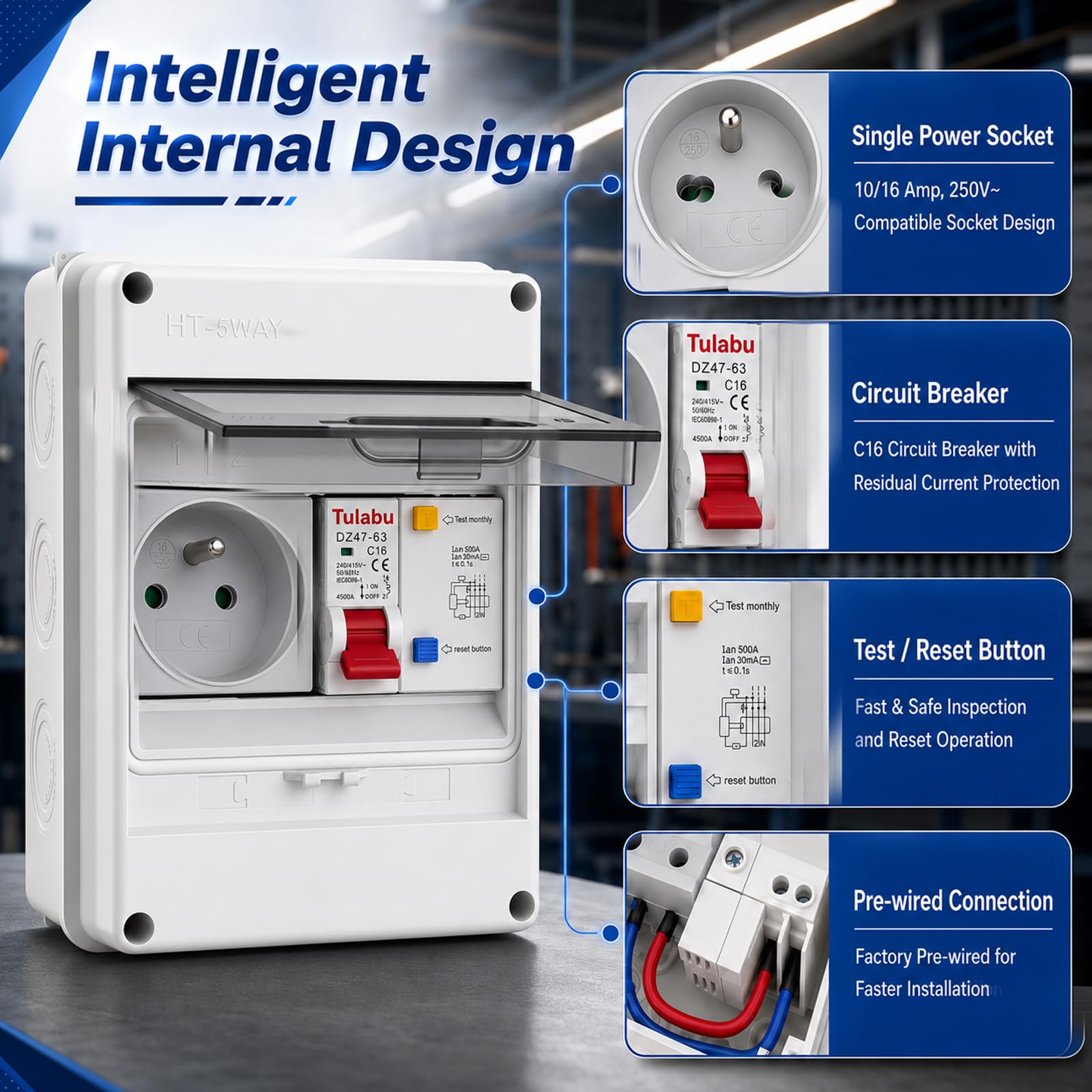Centralino portafusibili parete IP65 con presa e RCD 16 A | Centralino portafusibili parete 1 fila con presa 16A e interruttore magnetotermico C16A 230 V, per uso interno ed esterno