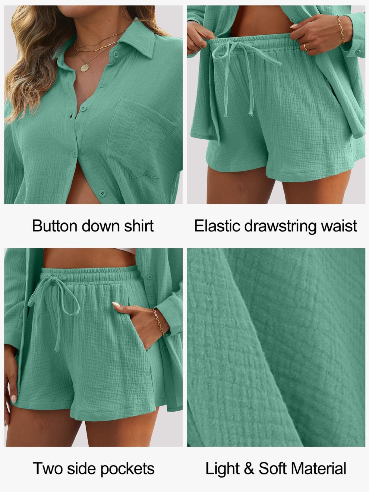 Conjuntos Mujer Verano Casual Dos Piezas Pantalon Cortos y Blusa Elegante Conjunto Lino Chándal Camisa Manga Larga Conjunto de Verano Ropa de Playa Chandal con Bolsillos