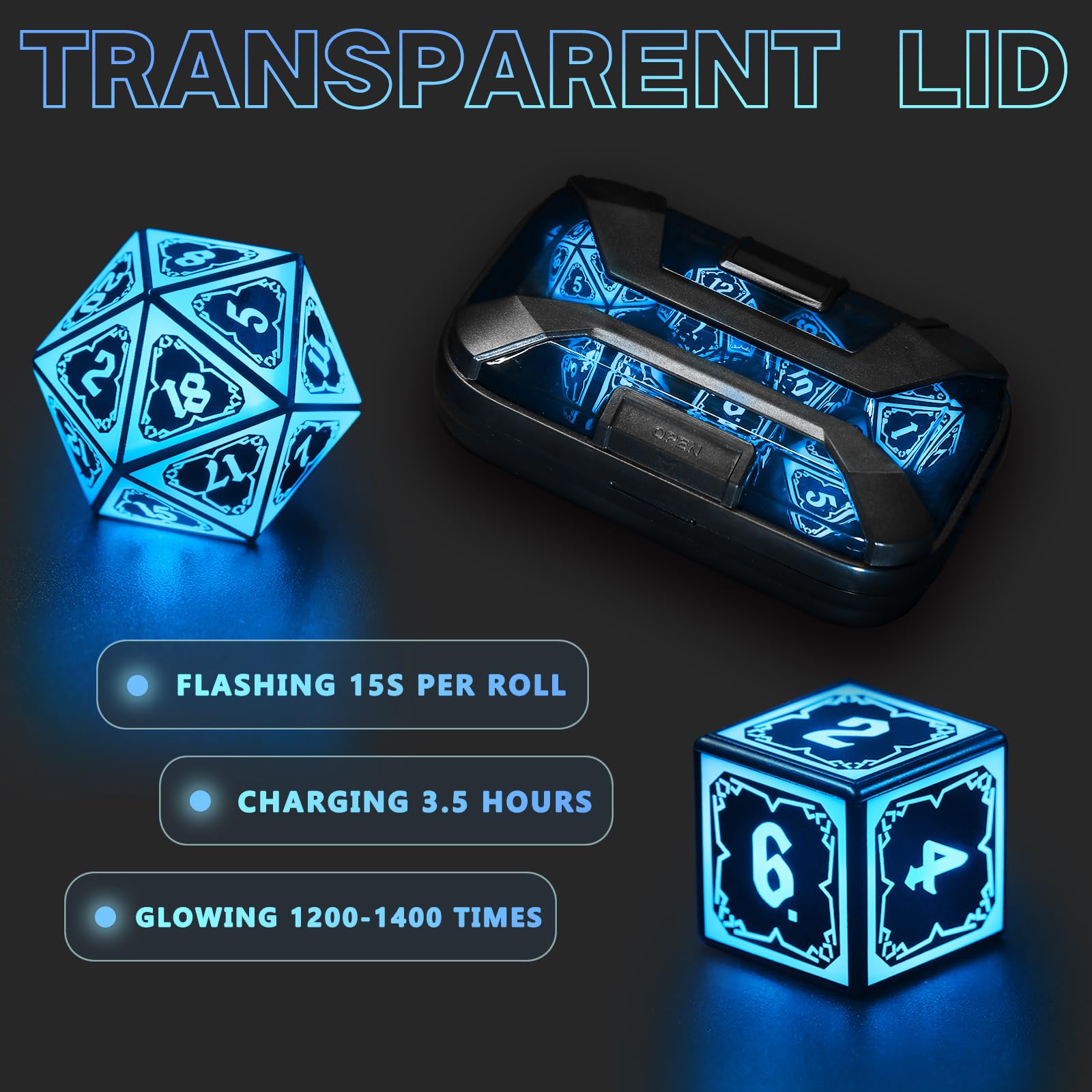 FONVGOGO Set Dadi D&D per Dungeons and Dragons Set Dadi DND Luminosi Wireless Ricaricabili con Scatola di Ricarica Dadi Poliedrici RGB LED 7 Pezzi DND Dice Set (Blu)
