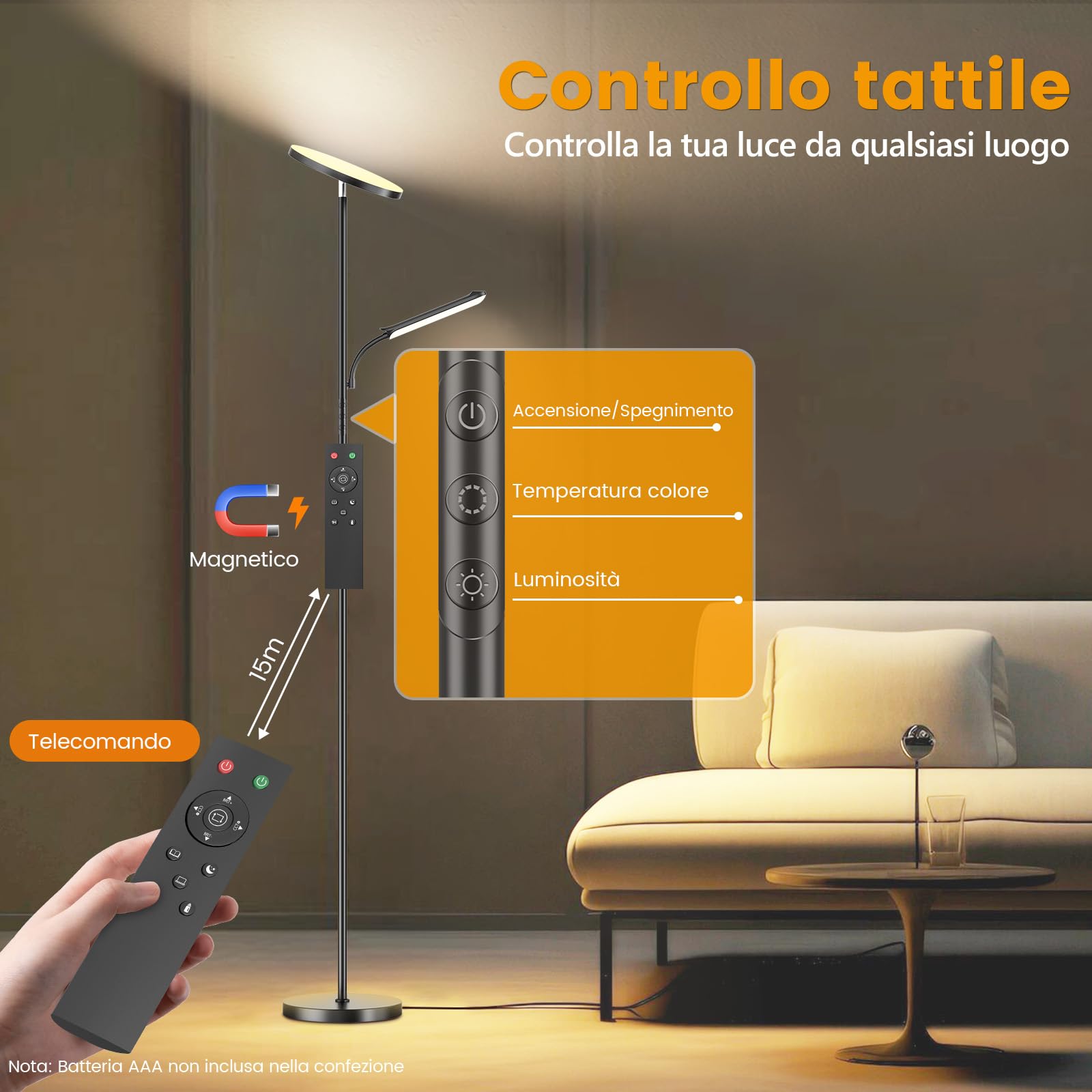 42W Piantana Lampada Da Terra, 4000LM Luminoso Terra Dimmerabile LED Lampada da Terra Salotto con Lampada da Lettura, Telecomando e Touch Control, 2700K-6500K, Per Soggiorno Letto Ufficio