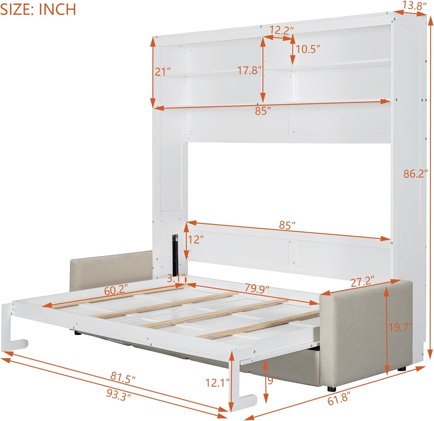 Harper & Bright Designs Queen Size Murphy Bed fully folded, appearing as a sofa with integrated storage shelves above.