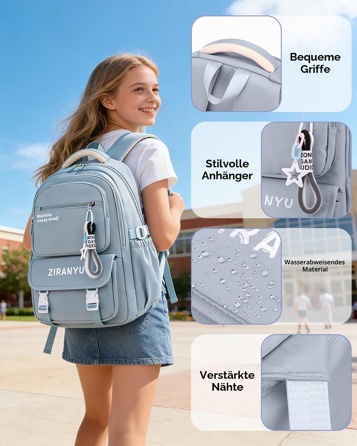 Amythe Schulrucksack für Teenager Mädchen Rucksack Wasserdicht Mit Trolley-Schlaufe, 30L Tagesrucksack Teenager für Laptop 15.6‘’, Schulranzen Mädchen für Schule & Reisen, Blau