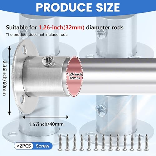 Miniatura 2 de Geesatis Soporte de brida para barra de armario, 2 piezas, soporte de brida alta para barra de armario, con tornillos de montaje, acero inoxidable,