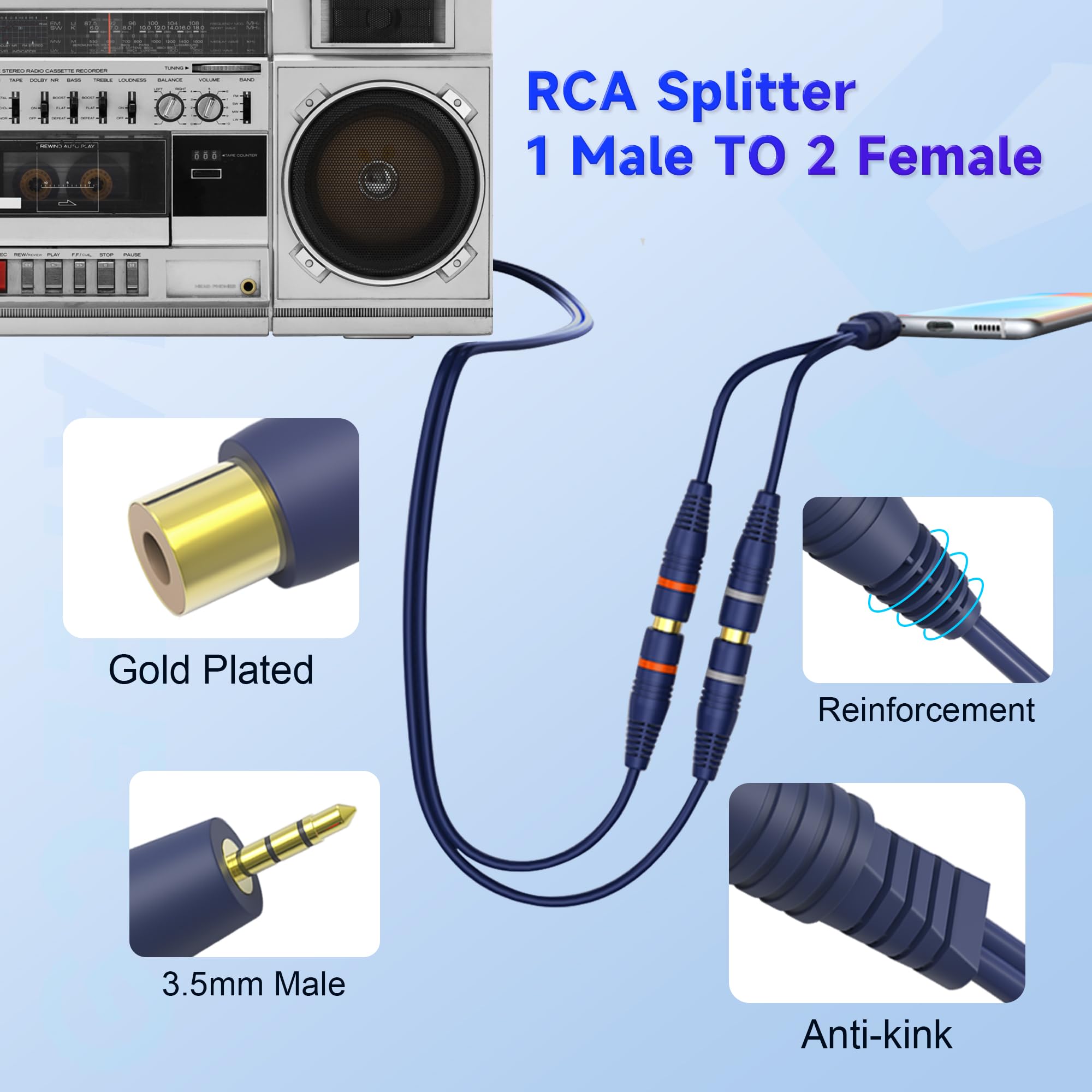 Cavo sdoppiatore RCA a Y, adattatore RCA maschio a femmina, jack da 3,5 mm, cavo audio AV, connettore RCA placcato oro 24 K, per subwoofer, altoparlanti, sistemi Hi-Fi (cavi R-CA da 15 cm