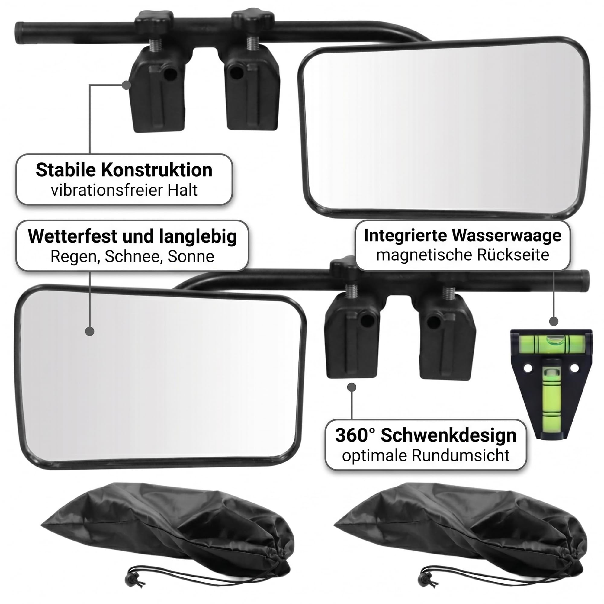 Mucola Wohnwagen Spiegel Zusatzspiegel universal 2er Set 12x18 cm Schwarz | Inkl. Wasserwaage, werkzeuglose Anbringung, vibrationsfrei bei Tempo, erweitert das Sichtfeld, für Caravan und Anhänger