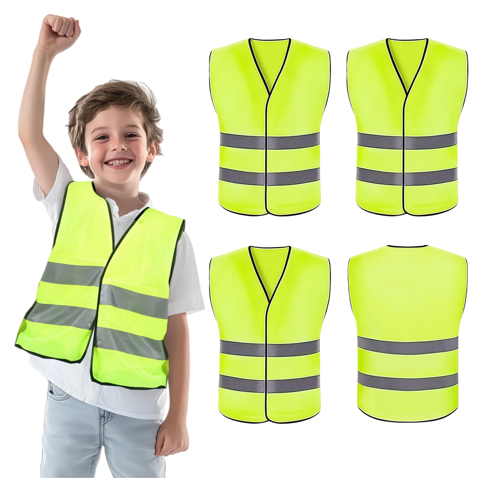 Reflective Jacket, Hi Vis Vests for Kids, High Visibility Reflective Vests, Breathable Safety Vest with Reflective Strips, Adjustable Hi Vis Jackets for Boys Girls Outdoor Sports & Emergency(4 Pieces)