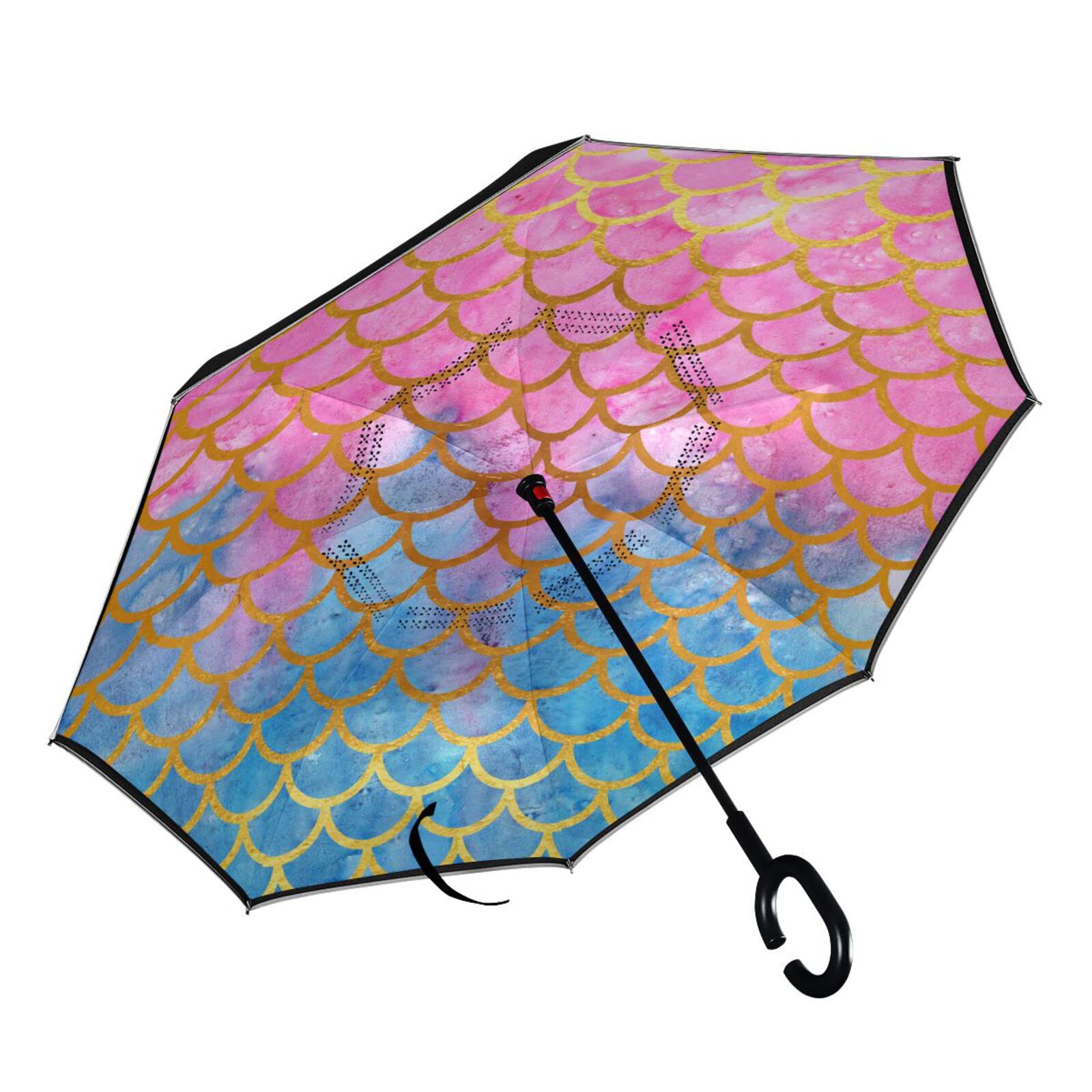 MNSRUU Doble capa invertida sirena acuarela peces escamas paraguas coches inversa viento lluvia paraguas para coche exterior con mango en forma de C protección UV a prueba de viento, Pink, L