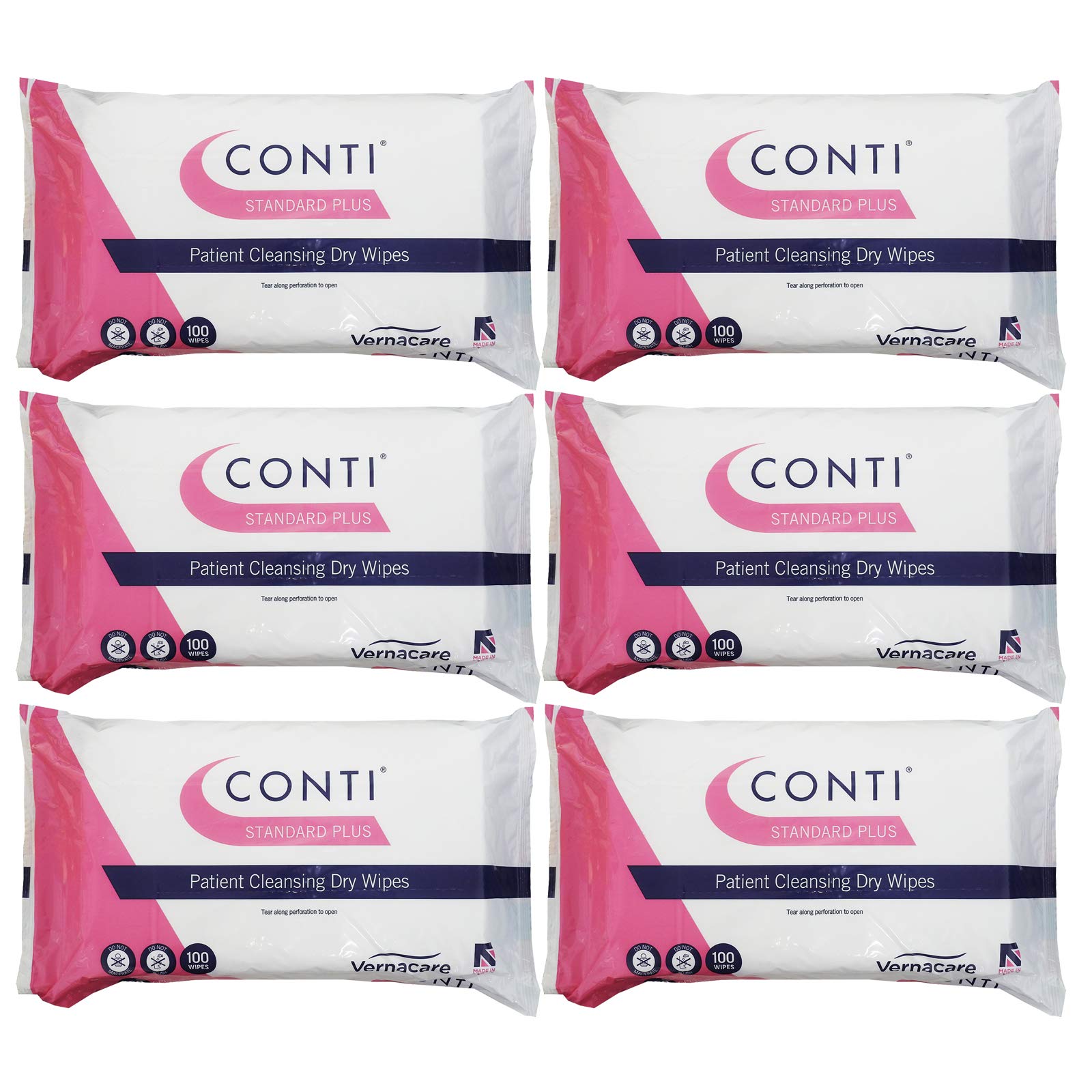 Conti Standard Plus - Patient Cleansing Dry Wipes, Thick Strong Heavy Duty Cloths, Wipe Size 32cm x 28cm, 100 Wipes Per Pack - 6 Pack