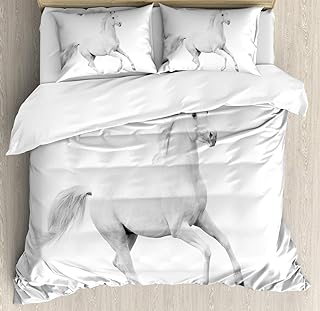 Ambesonne Black and White Duvet Cover Set, White Stallion Running Horse Galloping Motion Speed Print, Decorative 3 Piece Bedding Set with 2 Pillow Shams, Queen Size, White Black